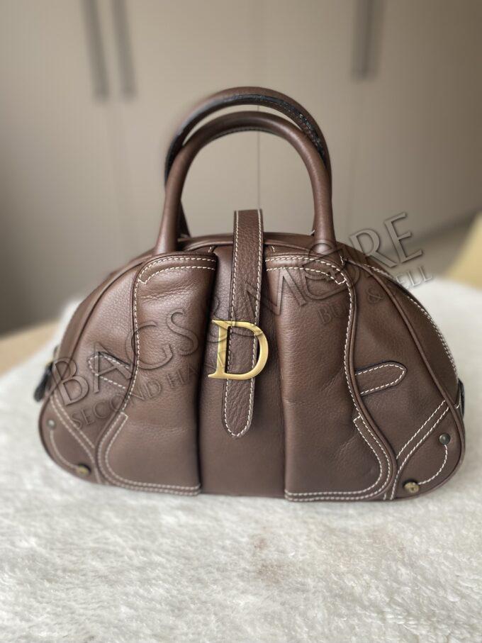 Dior Saddle Bowling Bag color Brown White Stitching and studs