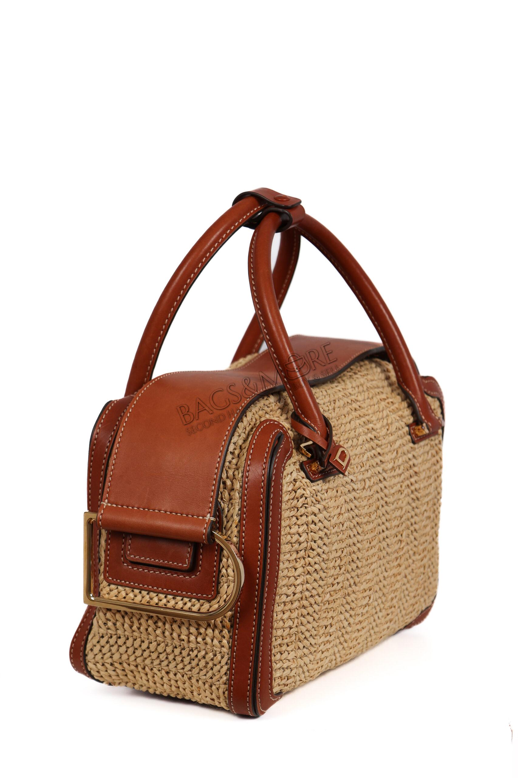 Delvaux Cool Box MM bohème materiaal raffia en box calf leder kleur brandy en goudkleurige hardware