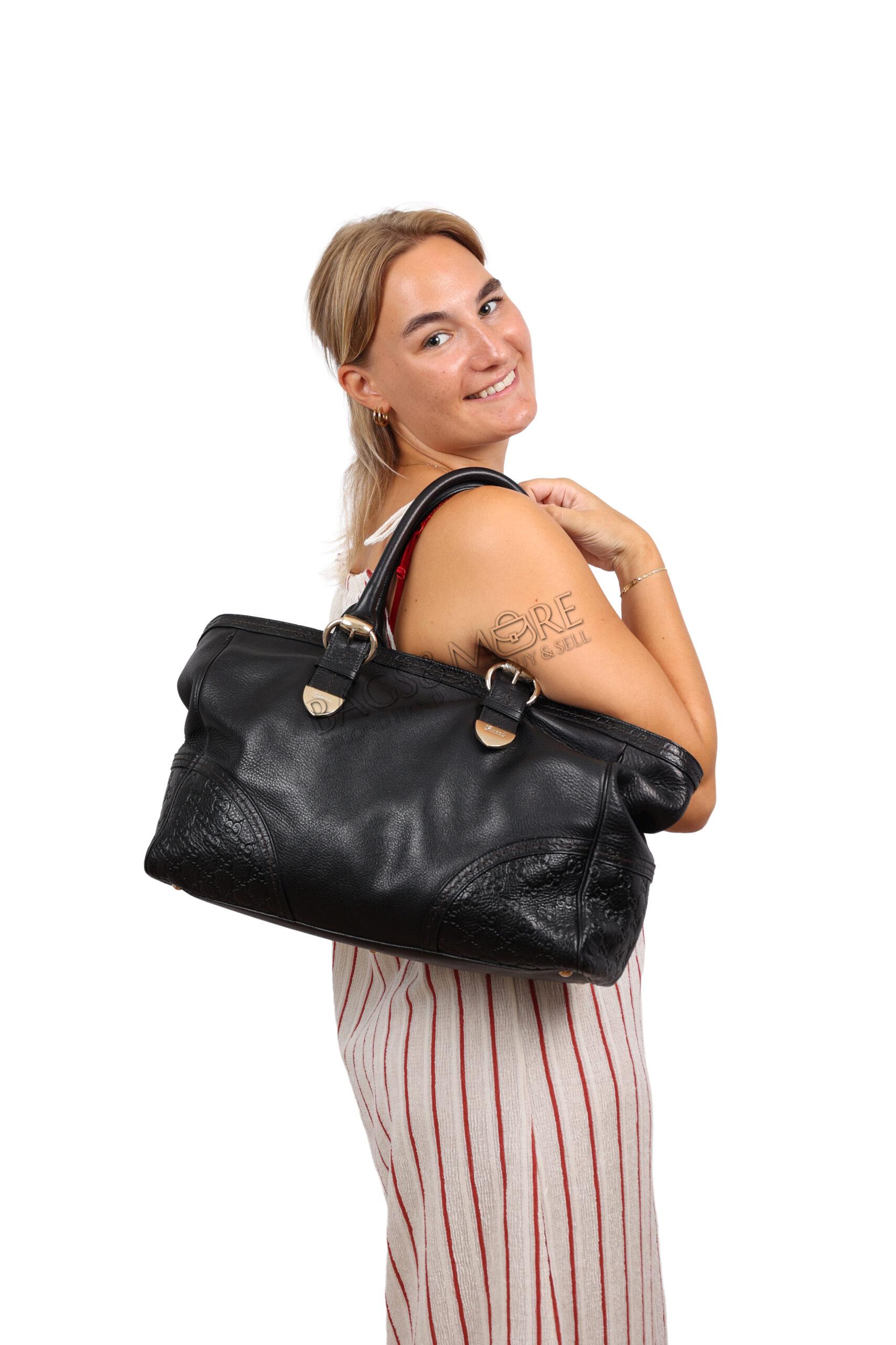 Gucci Signoria handtas embossed leer kleur zwart licht gele goudkleurige hardware